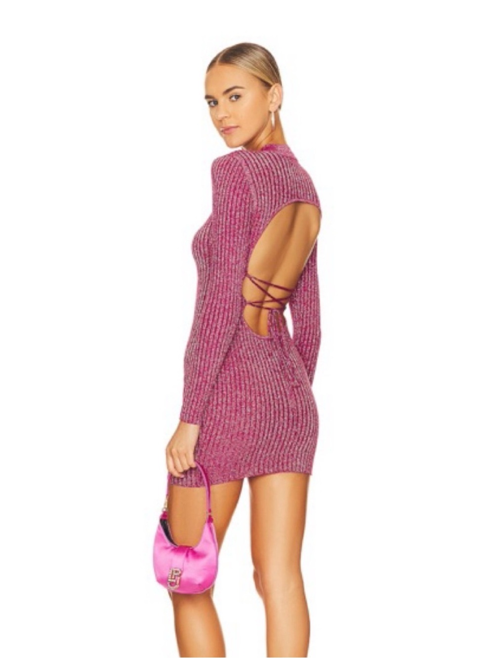 Superdown Metallic Ribbed Long-Sleeve Knit Dress in Fuchsia